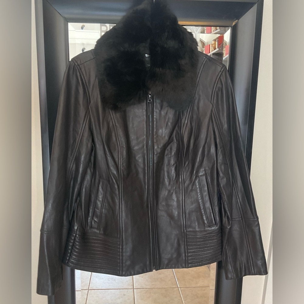 Genuine Leather Jacket with Faux Fur Collar